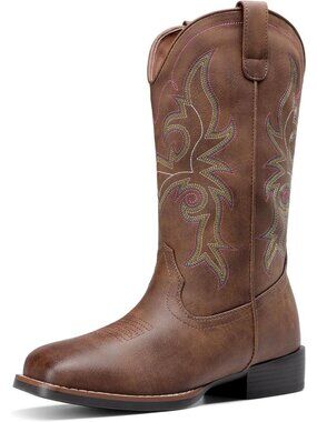Women's Cowgirl Boots Embroidered Square Rich Brown Toe Mid Calf Western Boots